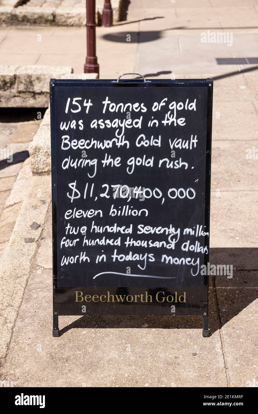 December 19th 2020 Beechworth Australia : Sign detailing the value of gold extracted from the region during the Victorian gold rush Stock Photo