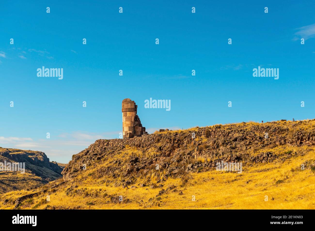 Chullpa or Inca tomb tower in Sillustani, Peru. Stock Photo