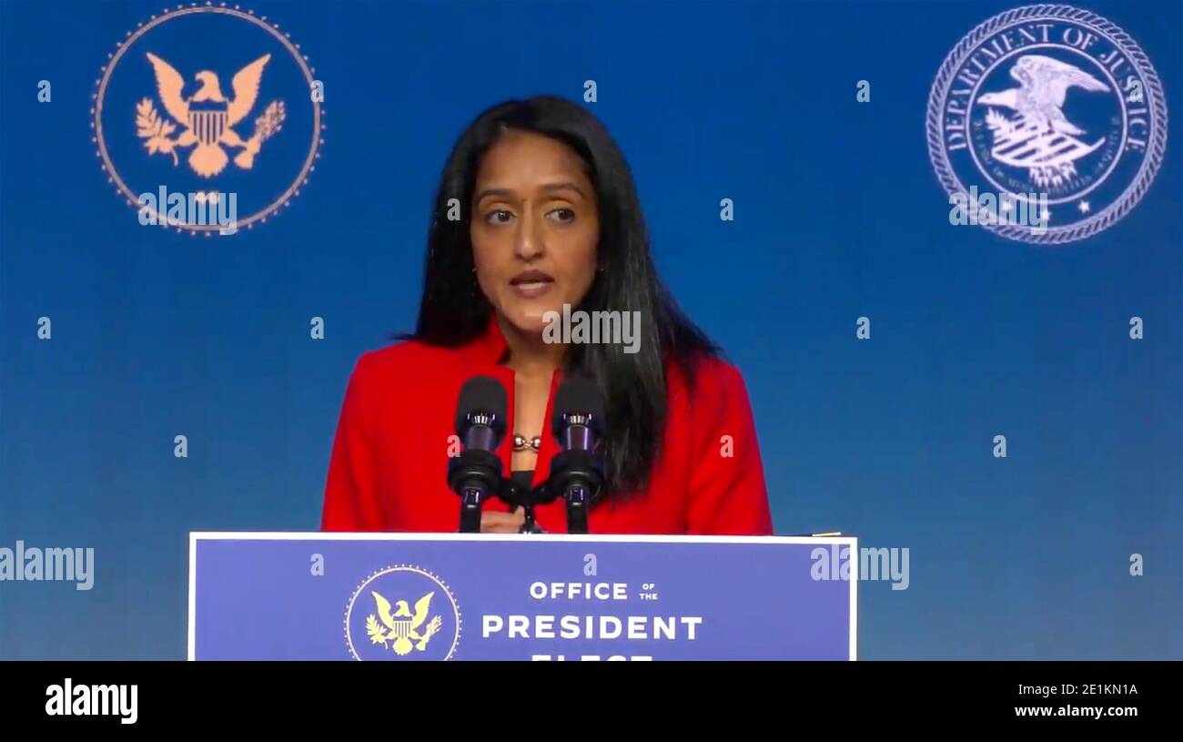 Wilmington, Delaware, USA. 7th Jan 2021. United States Associate Attorney General-designate Vanita Gupta makes remarks after US President-elect Joe Biden delivered remarks as he names “Key Nominees for the Department of Justice” from the Queen Theatre in Wilmington, Delaware on Thursday, January 7, 2021. Credit: Biden Transition TV via CNP /MediaPunch Credit: MediaPunch Inc/Alamy Live News Stock Photo