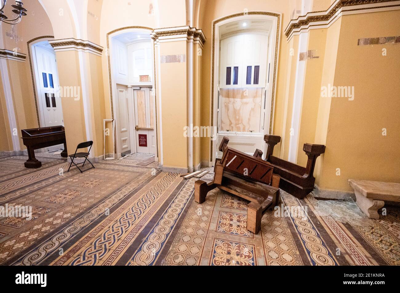 Washington, United States. 07th Jan, 2021. Boarded up broken windows and overturned furniture are pictured on the first floor of the Capitol, as part of the damage from the protest. Credit: SOPA Images Limited/Alamy Live News Stock Photo