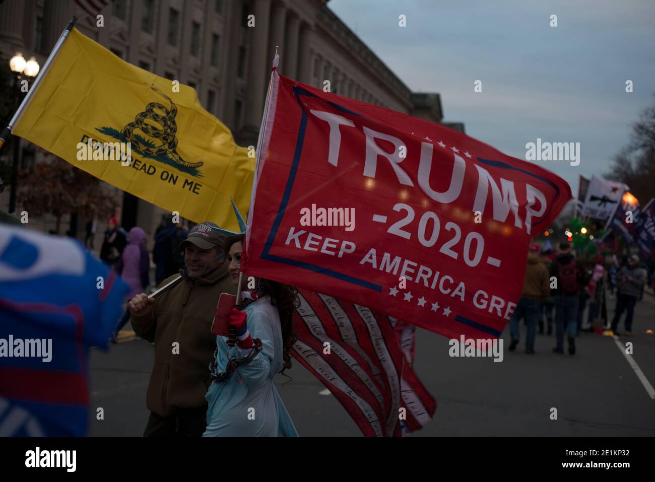 January 6th 2021. Trump Supporters with Trump 2020 & Don't Tread on Me flags at 'Save America' Pro Trump rally at US Capital. Washington DC.USA. Stock Photo