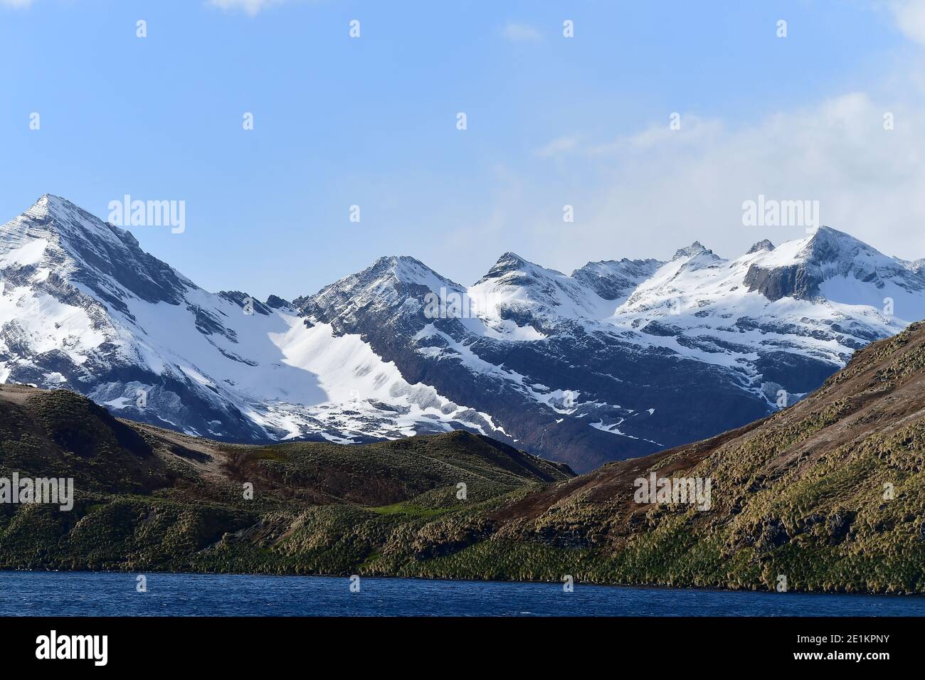 Snowcapped mountainside ranges, tower above the tussock grass landscaped shores of South Georgia in the Southern Atlantic Ocean. Stock Photo