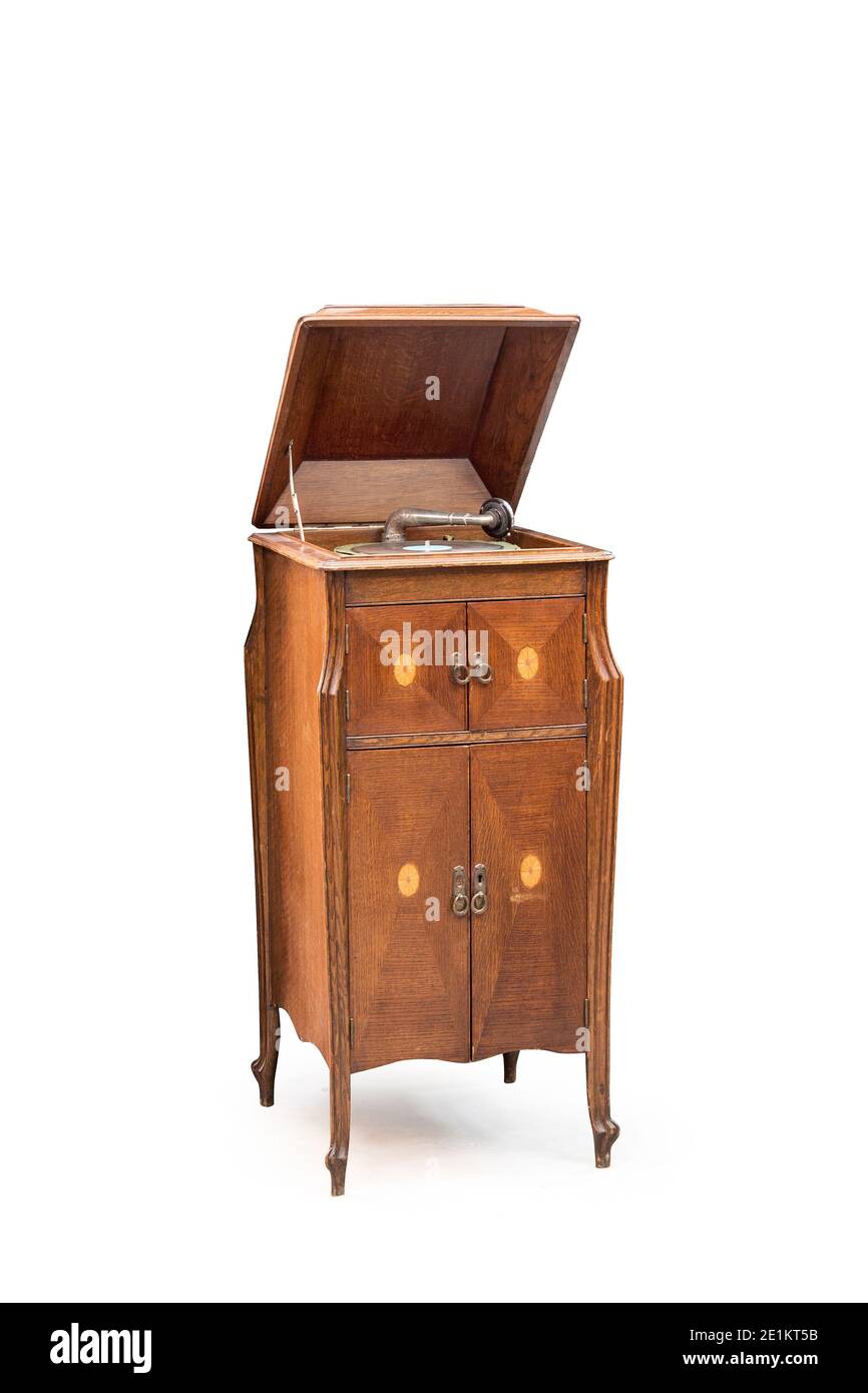 Cabinet gramophone, United Kingdom. Vintage gramophone in a wooden retro case Stock Photo
