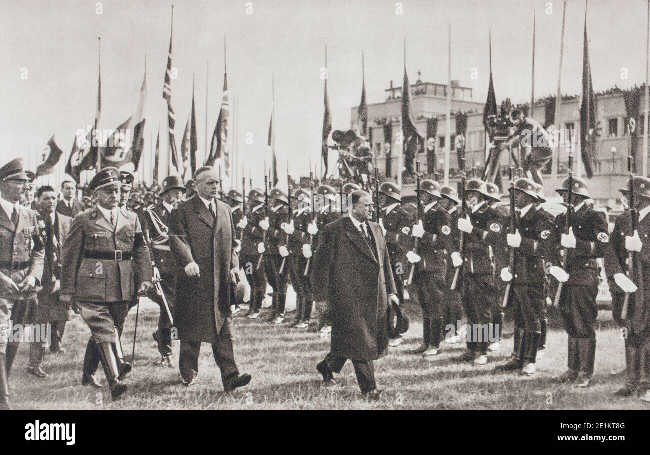 Meeting during the Munich agreement: the arrival of French Prime Minister Daladier, who was met by German foreign Minister von Ribbentrop. Stock Photo