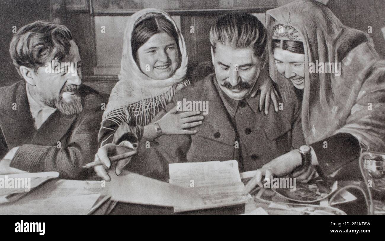 Joseph Vissarionovich Stalin on the soviet propaganda poster, by his example, opened the doors of the school to the people. Stock Photo