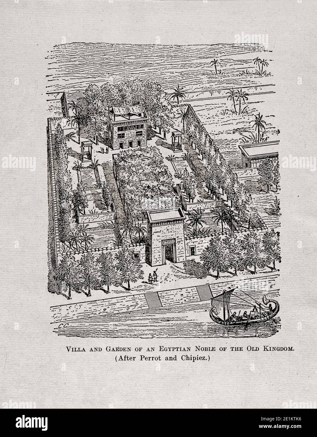Engraving of Ancient Egypt. Villa and Garden of an Egyptian Noble of the Old Kingdom. (After Perrot and Chipiez.) Stock Photo