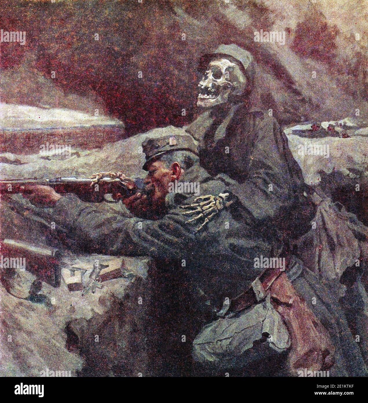 Vintage illustration of World War I. Hugarian soldier and death in trench. 1917 Stock Photo