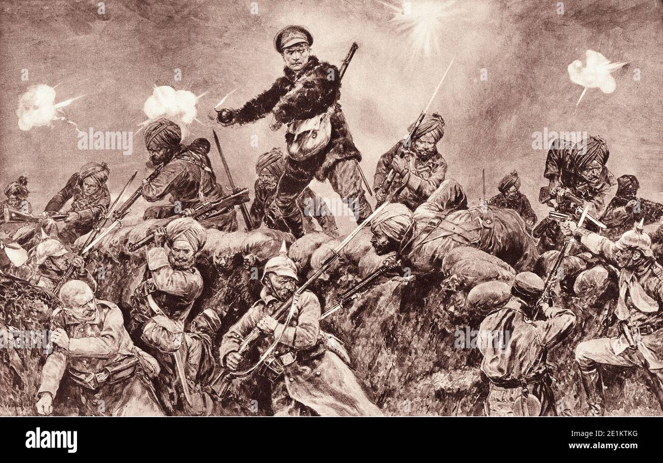 Wordl War I illustration. Hand-to-hand combat of Indian troops in the German trenches. France. 1916 Stock Photo