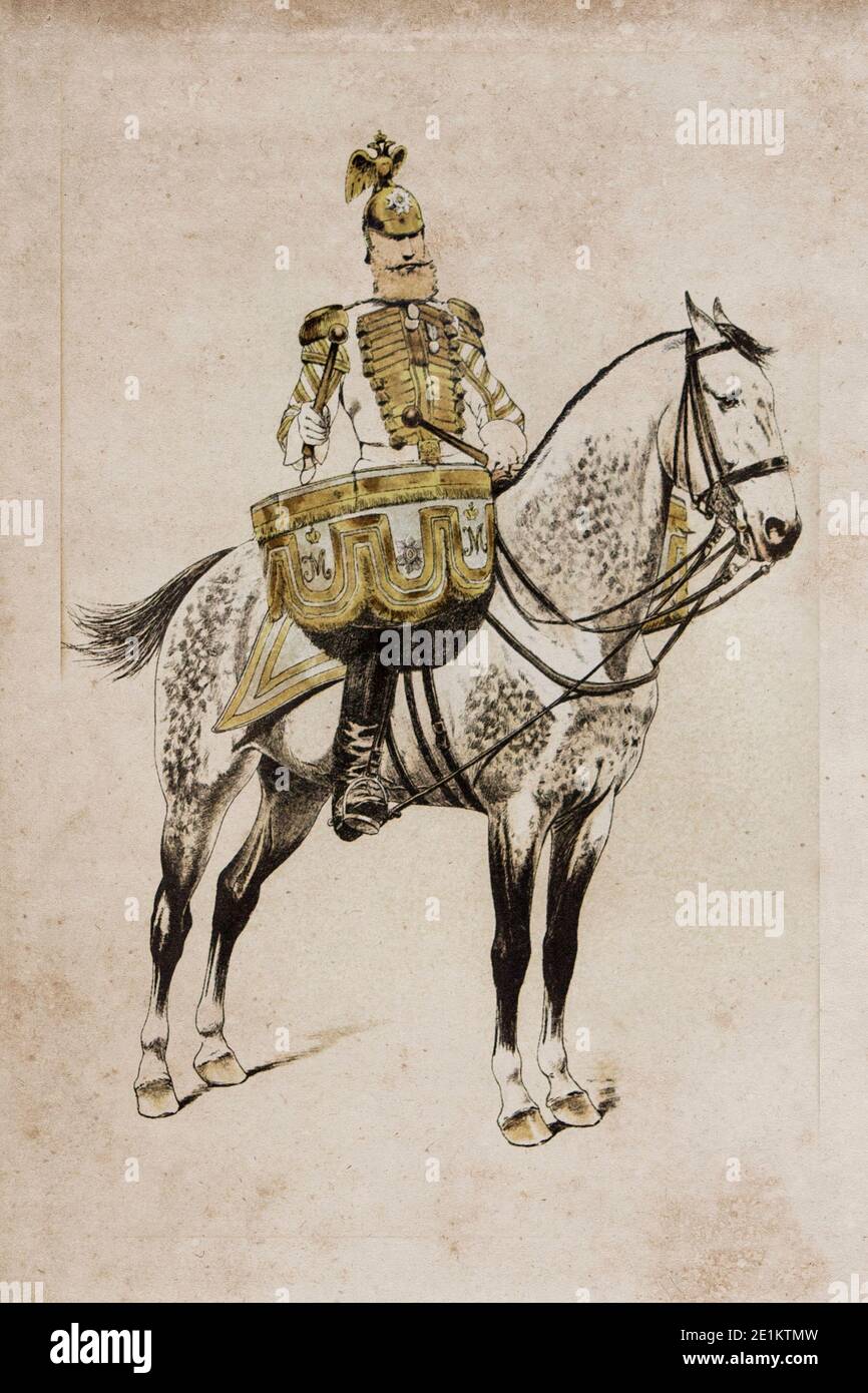 The 19th century colored etchings of a mounted cuirassier kettle drummer, 19th c., Stock Photo