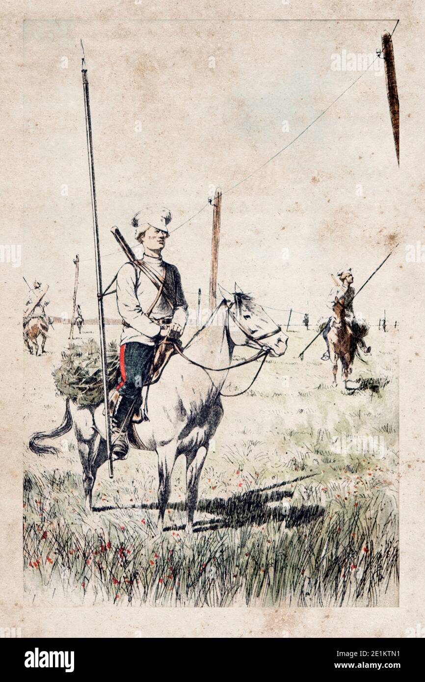 The 19th century colored etchings of mounted Cossacks with pikes by a telegraph pole. Stock Photo