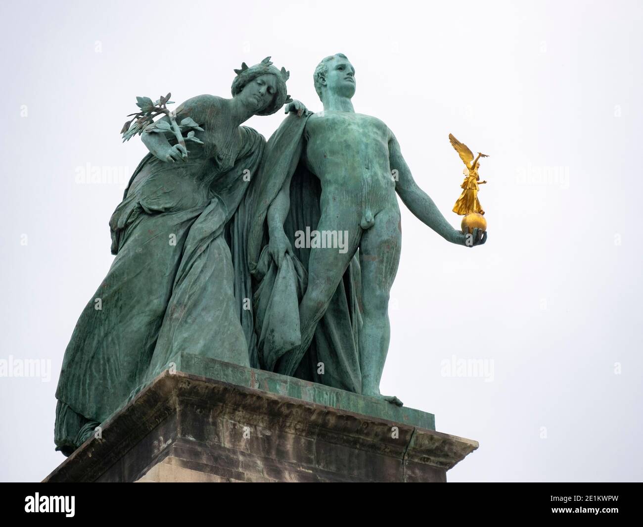 BUDAPEST, HUNGARY- MAY, 27, 2019: low angle view of a statue of the couple of knowledge and glory at heroes square Stock Photo