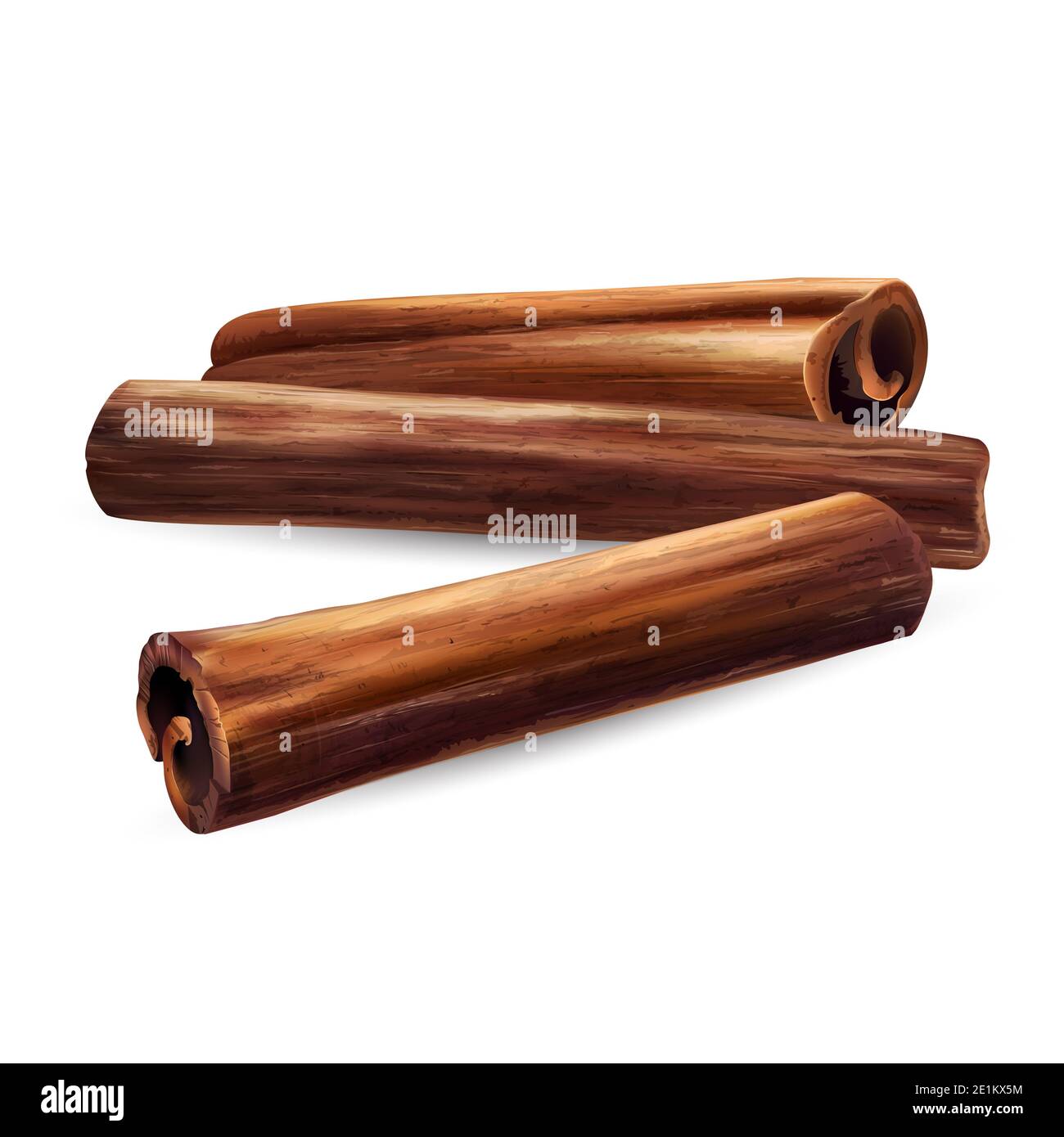 Three cinnamon sticks on a white background. Stock Photo