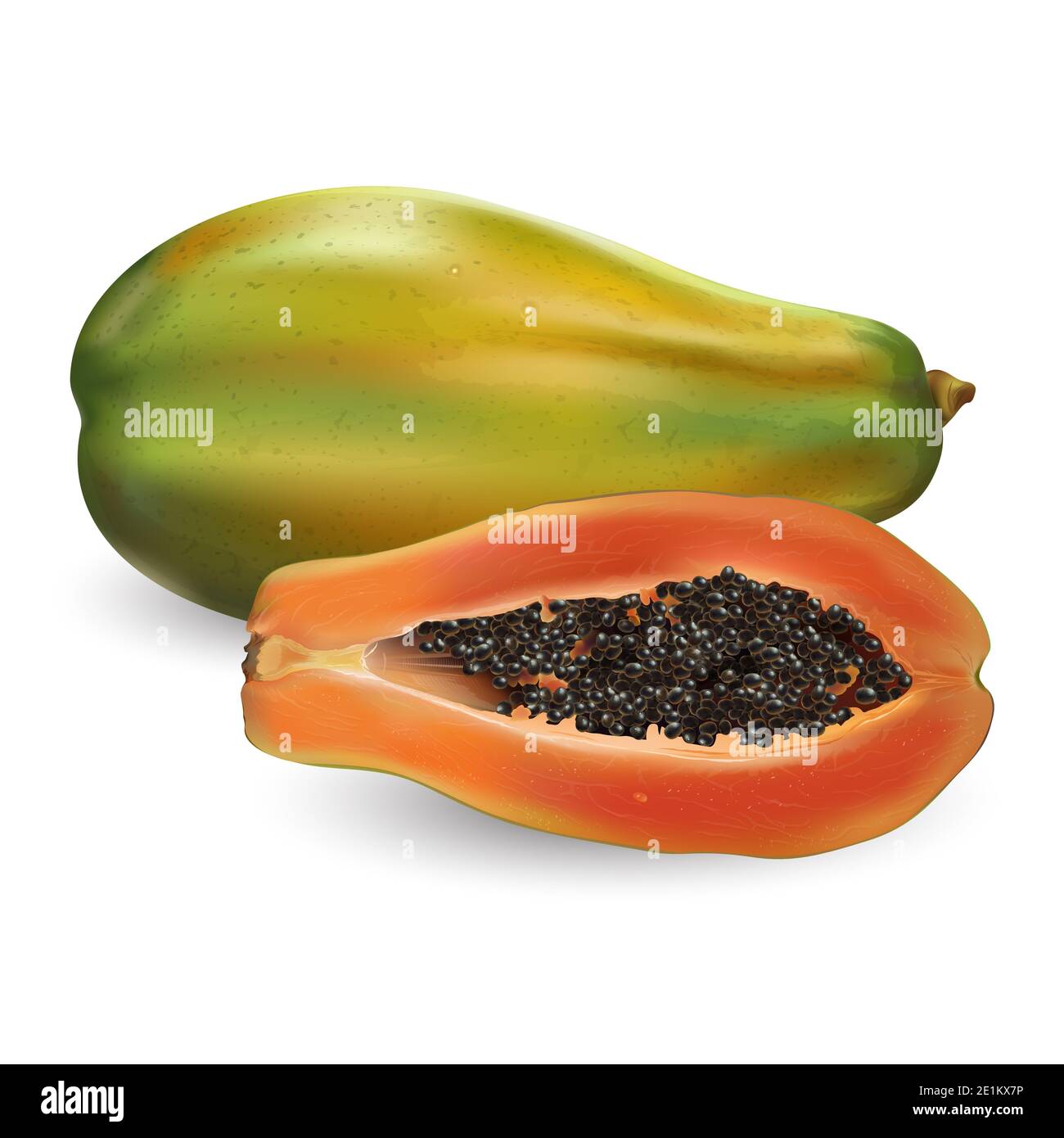 Whole and half papaya on a white background. Stock Photo