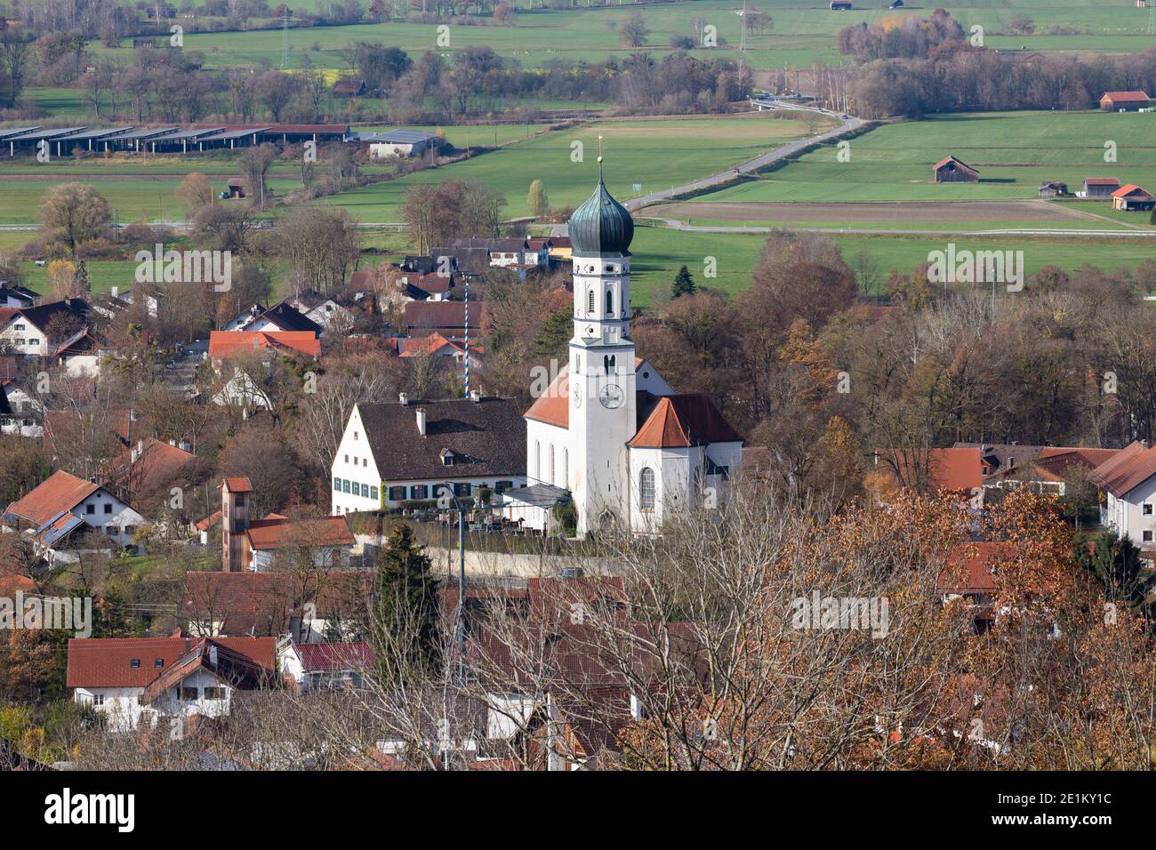 Pähl, Germany - Nov 13, 2020: View on St. Laurentius. Typical catholic church in upper bavaria. Located in the town center of Pähl. Stock Photo