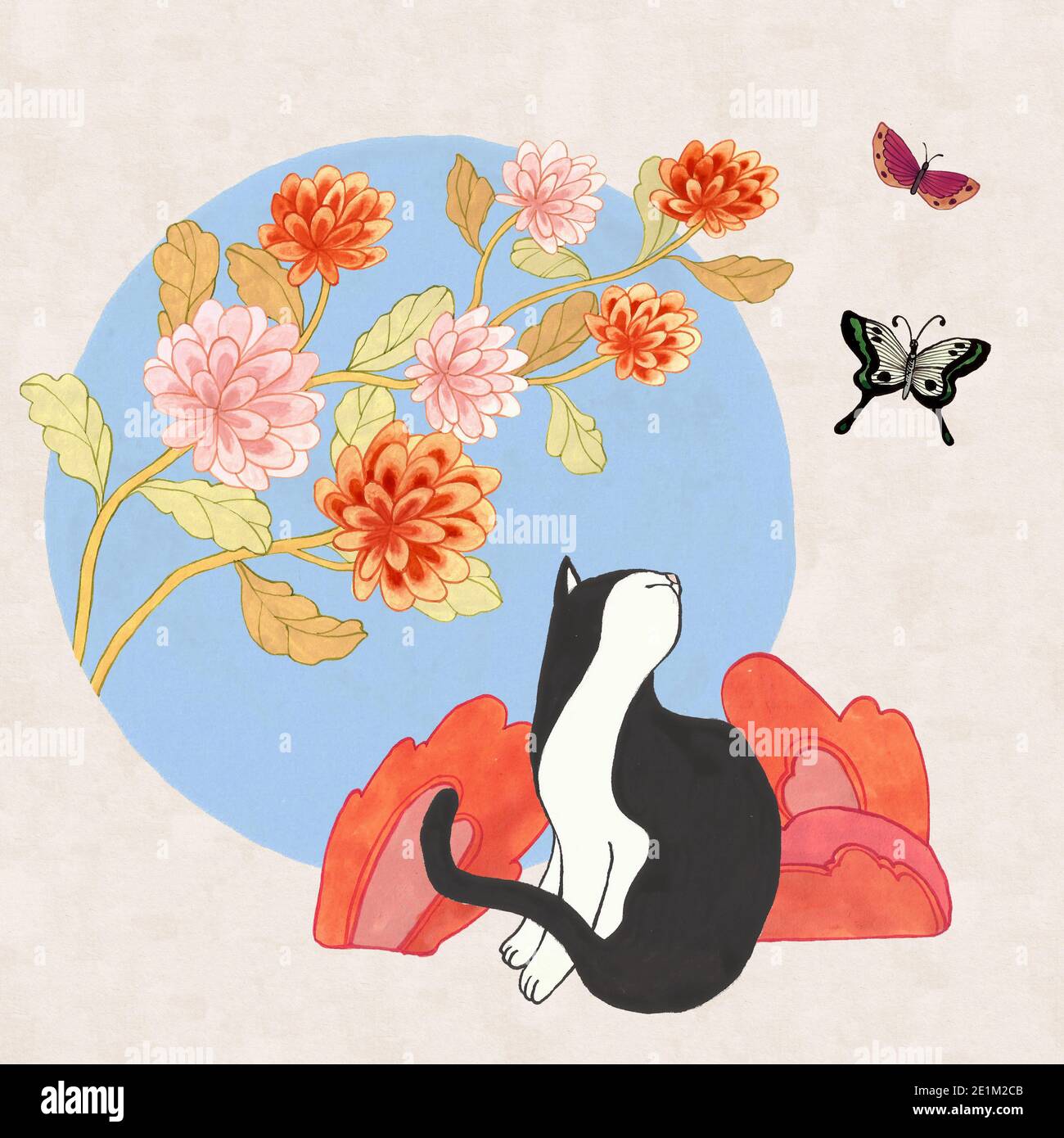 asian drawing with cat butterfly and flowers Stock Photo Alamy
