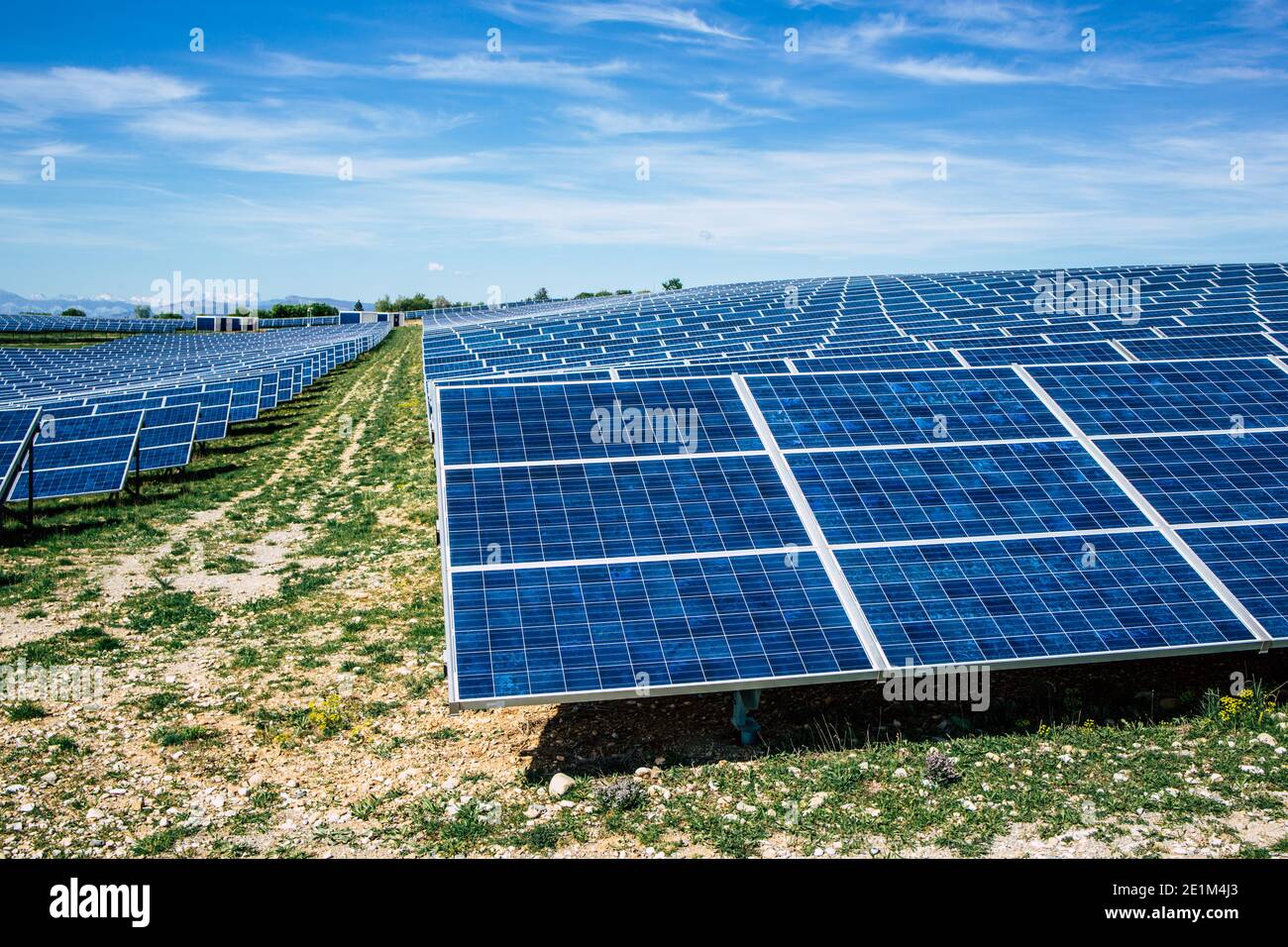 Renewable Energy and Sustainable Development / Park of Photovoltaic Solar Panels Stock Photo