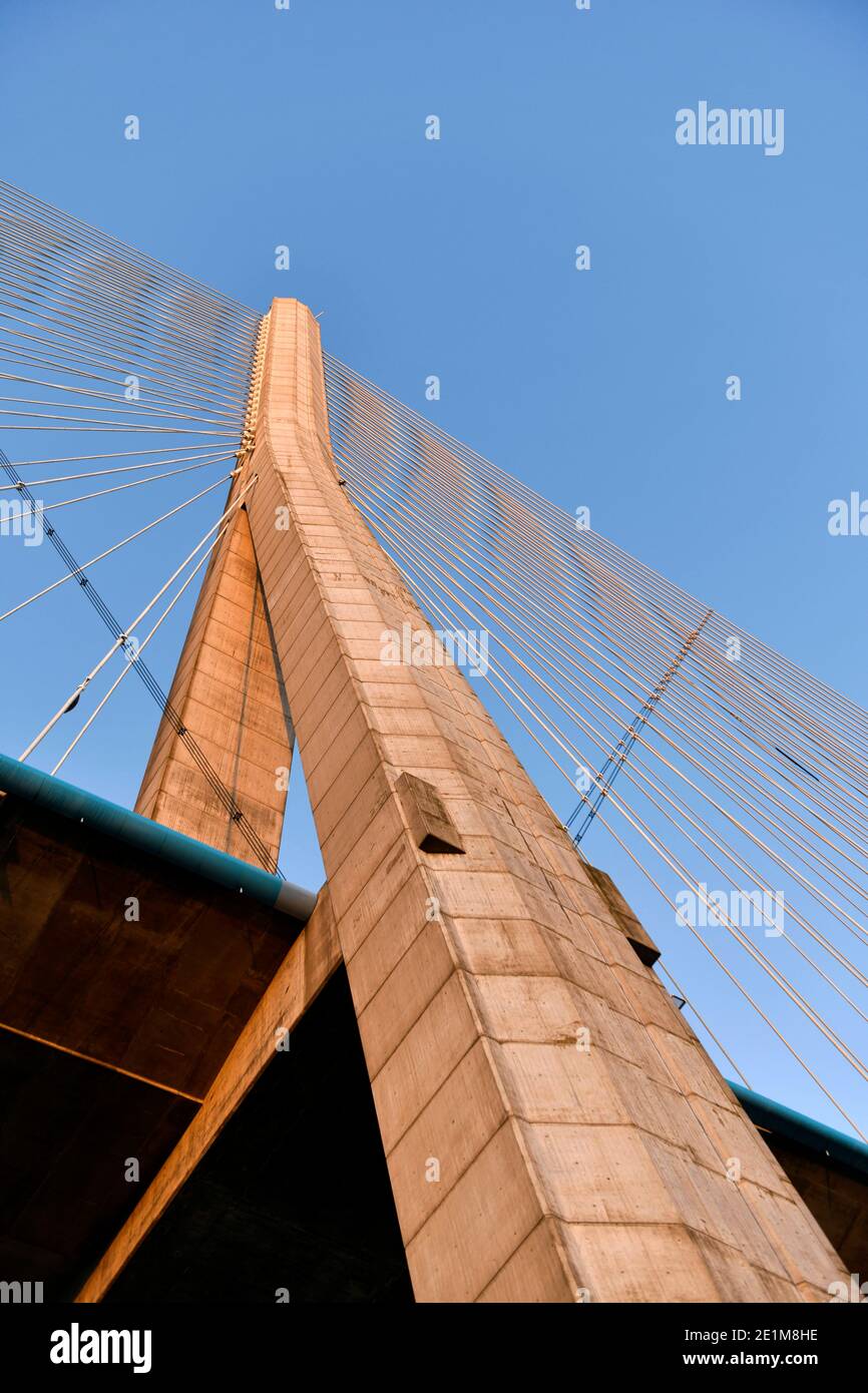 The Normandy Bridge on the estuary of the River Seine (Normandy, northern France): detail of the cable-stayed road bridge with a pylon and guy wires t Stock Photo