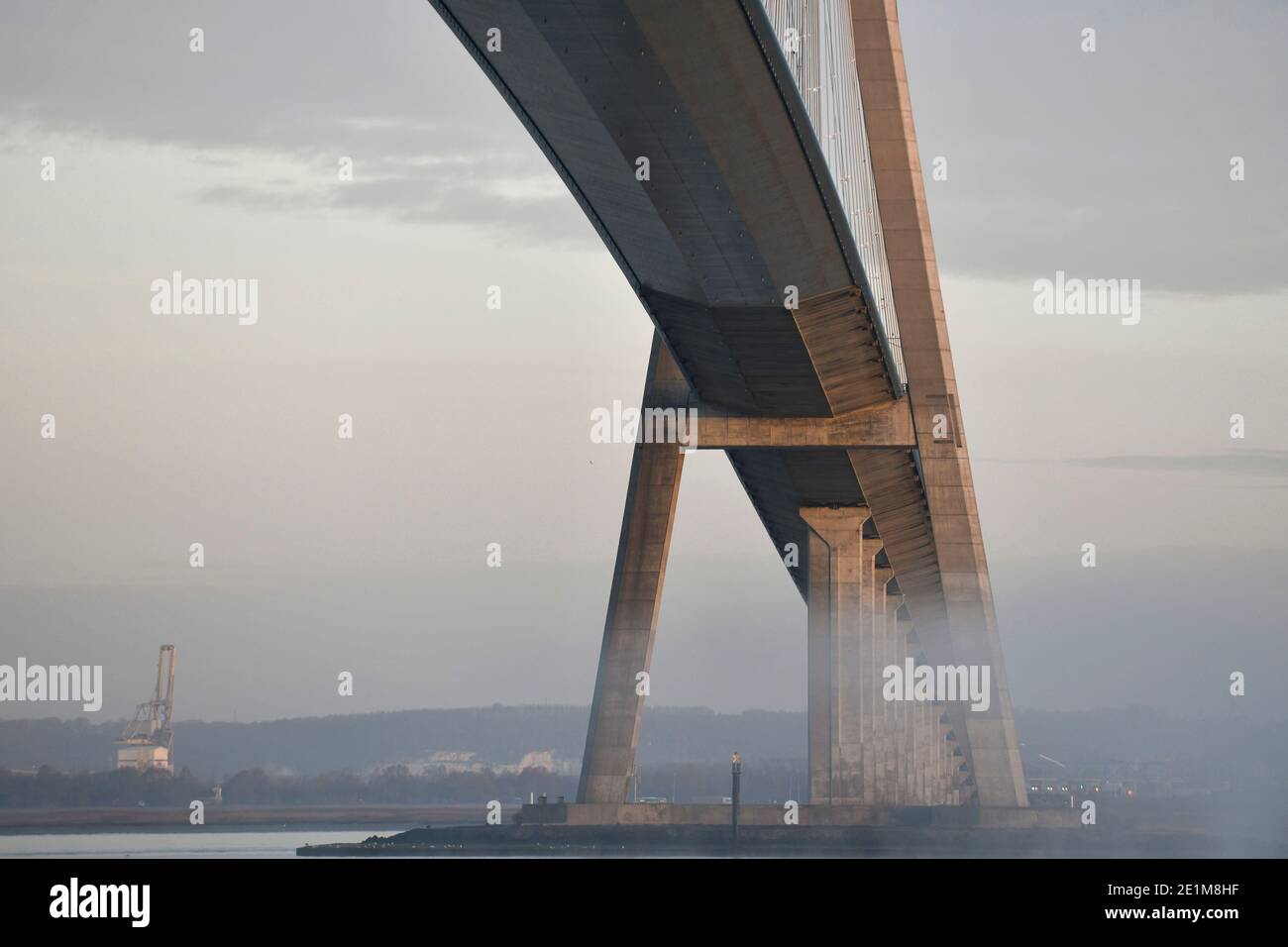 The Normandy Bridge on the estuary of the River Seine (Normandy, northern France): detail of the cable-stayed road bridge with a pylon and guy wires t Stock Photo