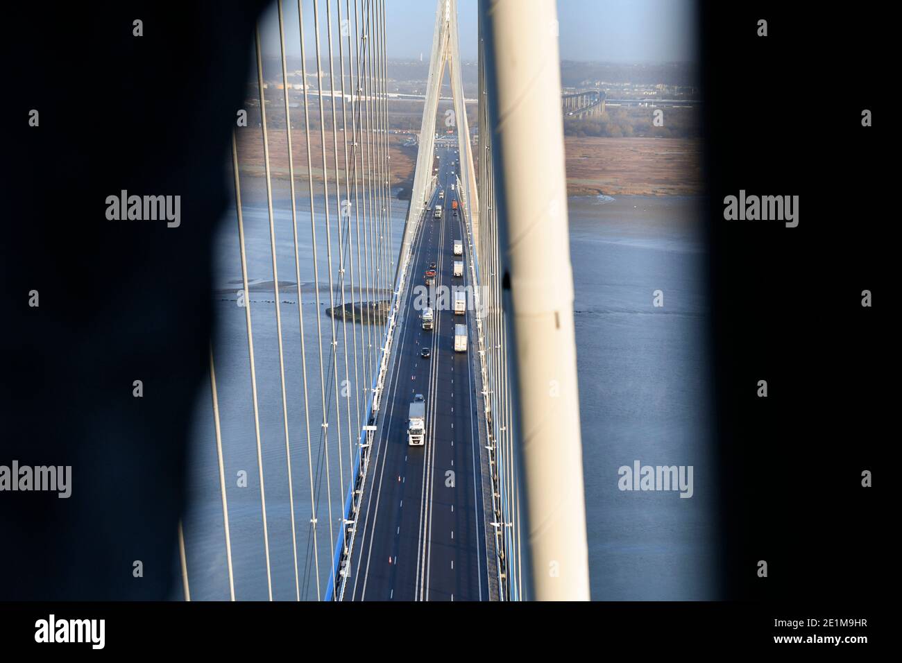 The Normandy Bridge on the estuary of the River Seine (Normandy, northern France): view from the top of a pylon over the guy wires that support the br Stock Photo