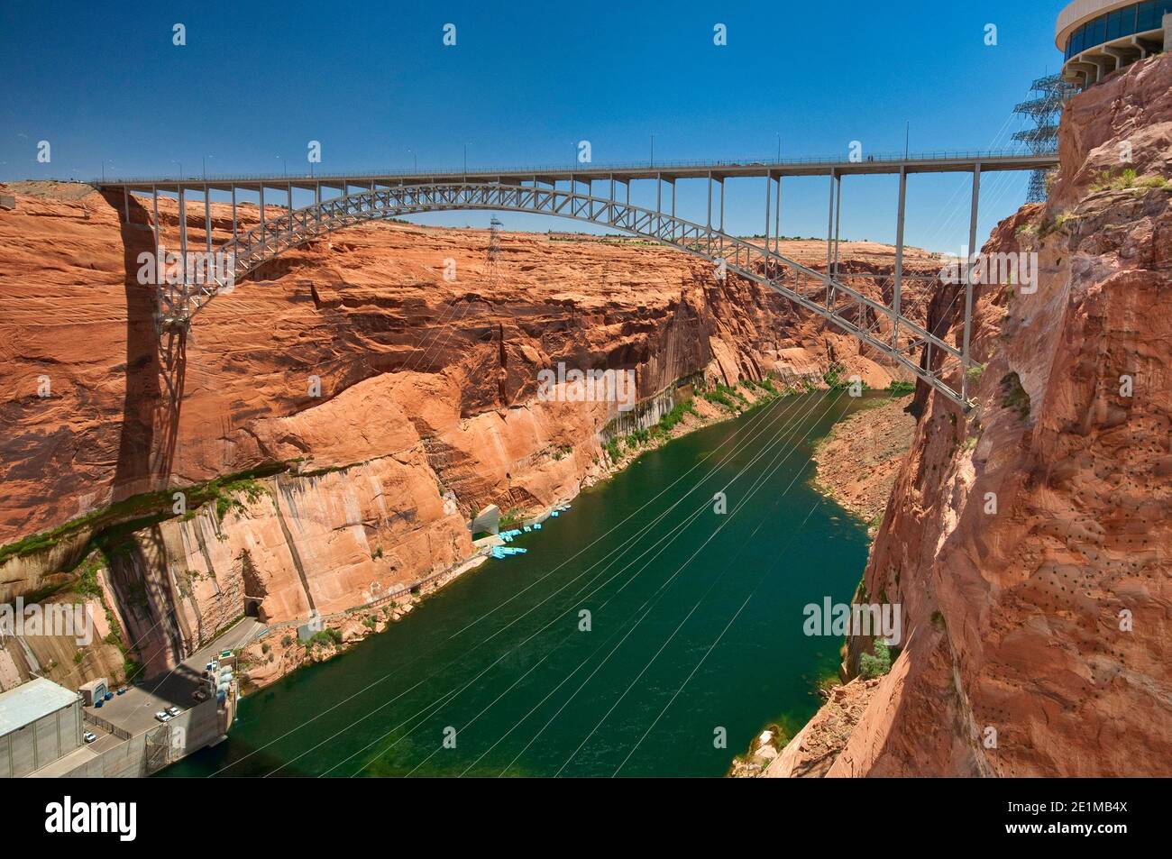 Glen Canyon Bridge seen from Glen Canyon Dam, on Colorado River, Page, Arizona, USA Stock Photo