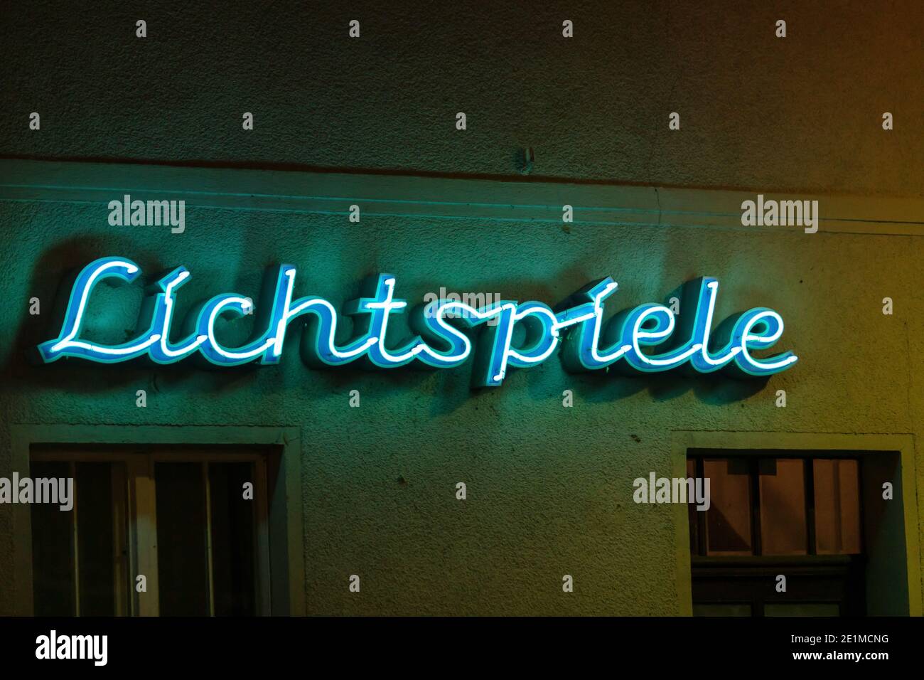 Neon sign lettering in german , LiIGHT GAMES , so cinema Stock Photo