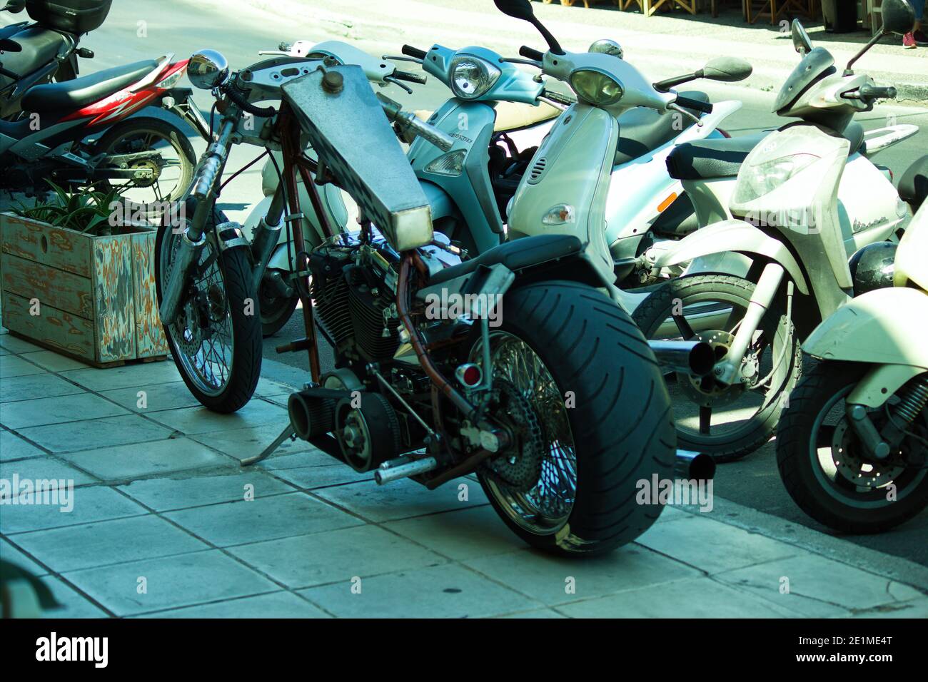 Crete, Greece September 16, 2017 A custom made motor bike parked in
