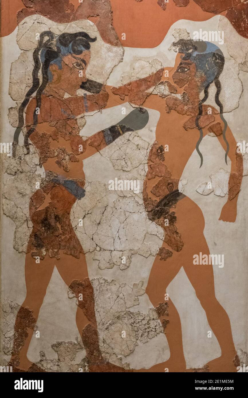 Akrotiri Bronze Age Boxers Wall Fresco in Athens National Archaeological Museum, Greece. Stock Photo