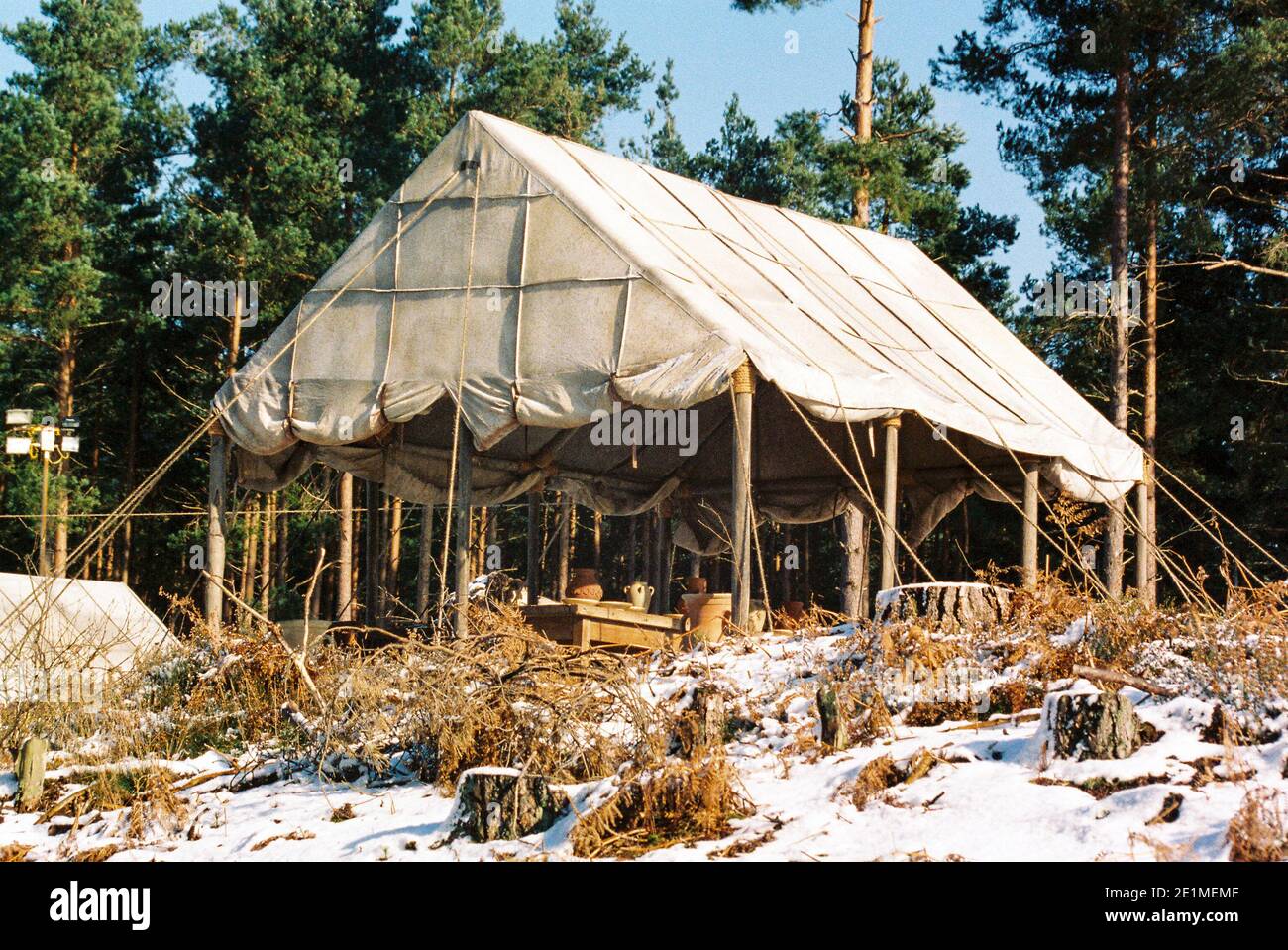 The Gladiator film set 1999 for the opening battle, set in 'Germania', Bourne Woods, Farnham, Surrey, England, United Kingdom Stock Photo