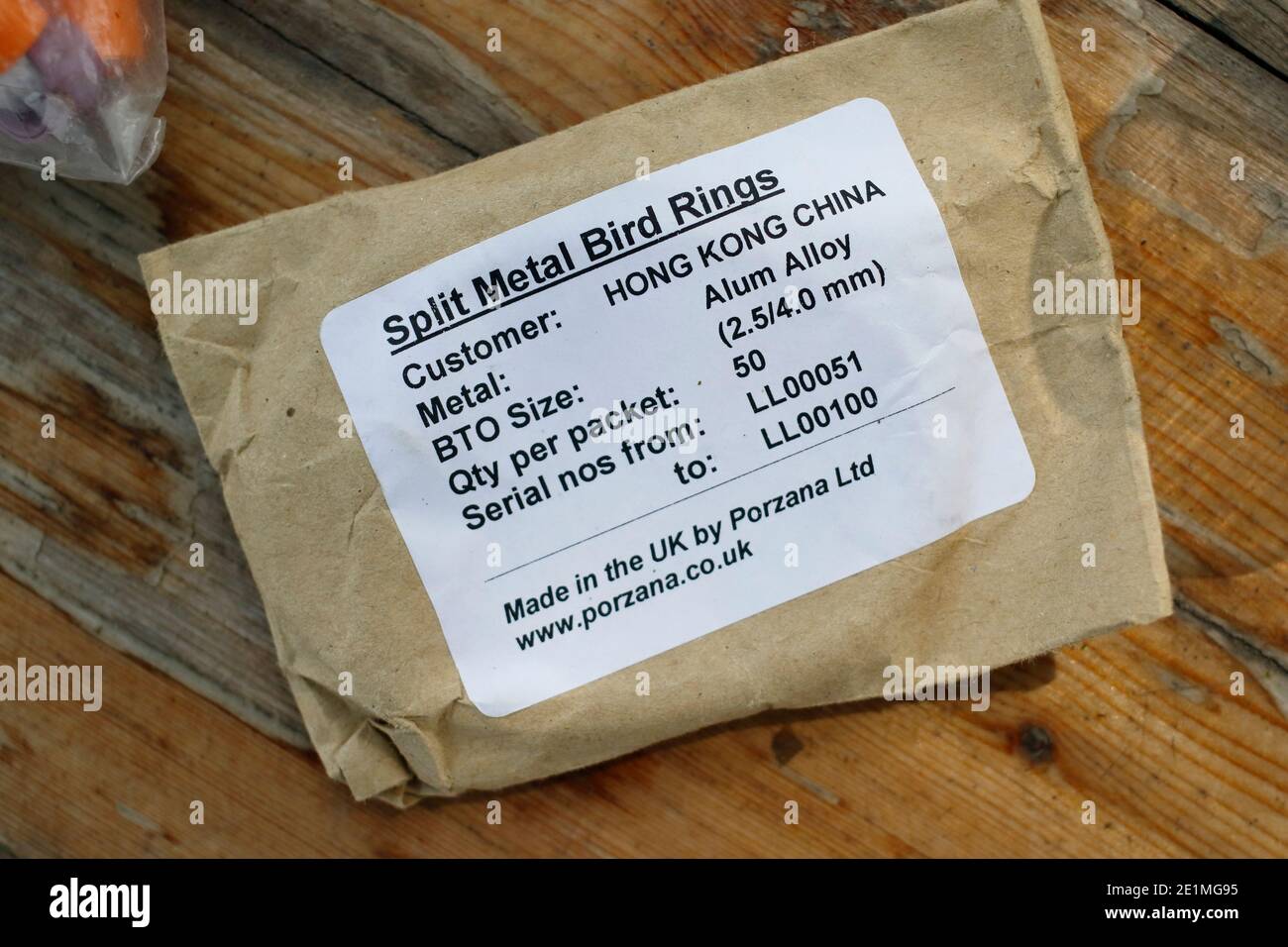 Packet of Split Metal Bird Rings (Bands), for research, Mai Po Nature Reserve, Hong Kong China 26th Sept 2015 Stock Photo