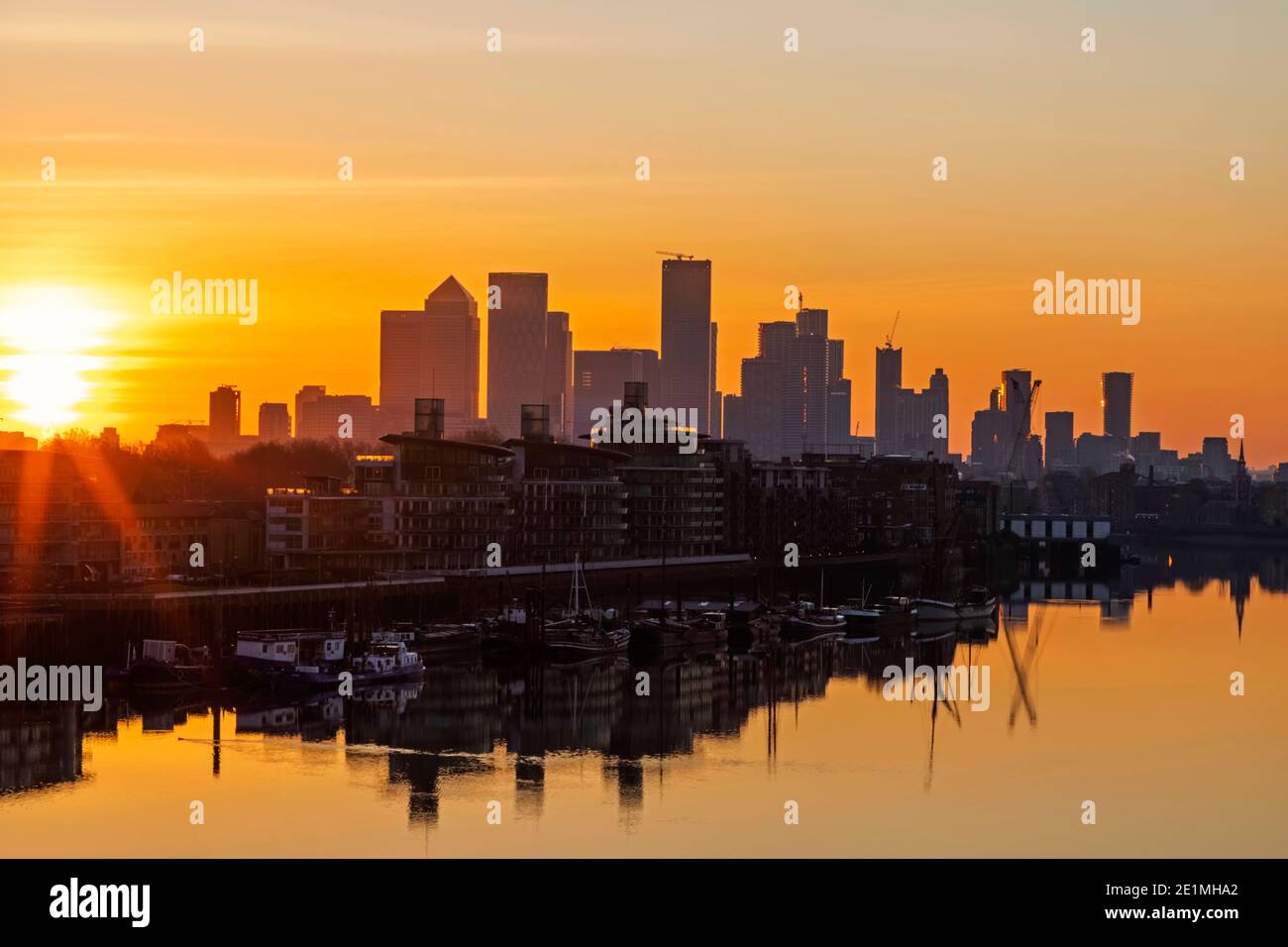 England, London, Docklands, River Thames and Canary Wharf Skyline at ...