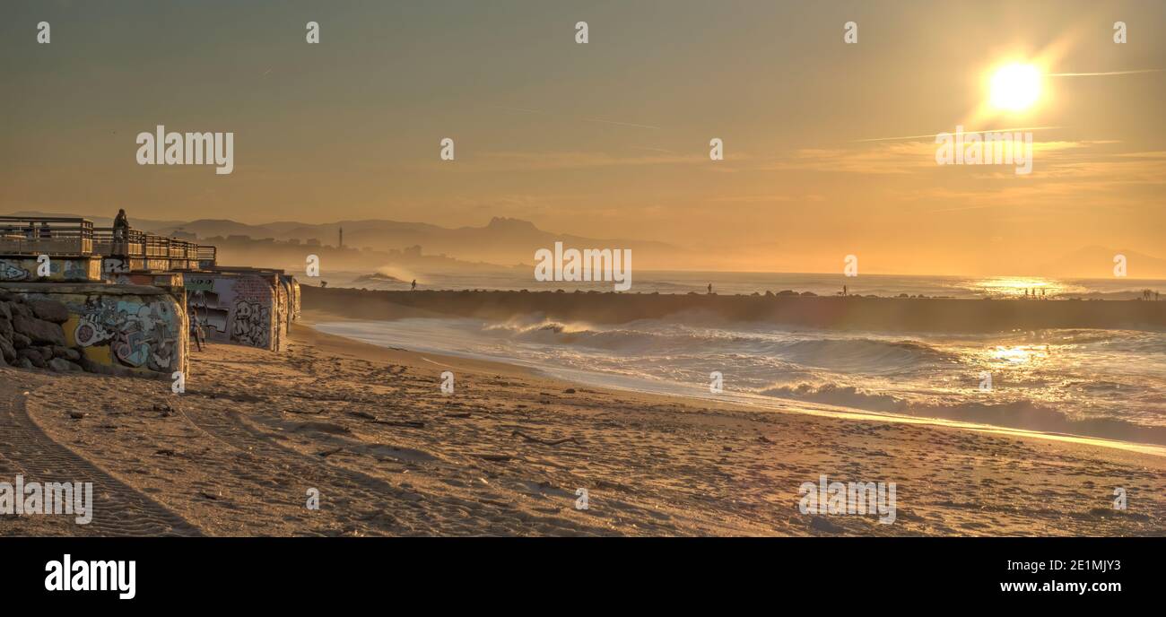 Sunset over Biarritz Beach, HDR Image Stock Photo