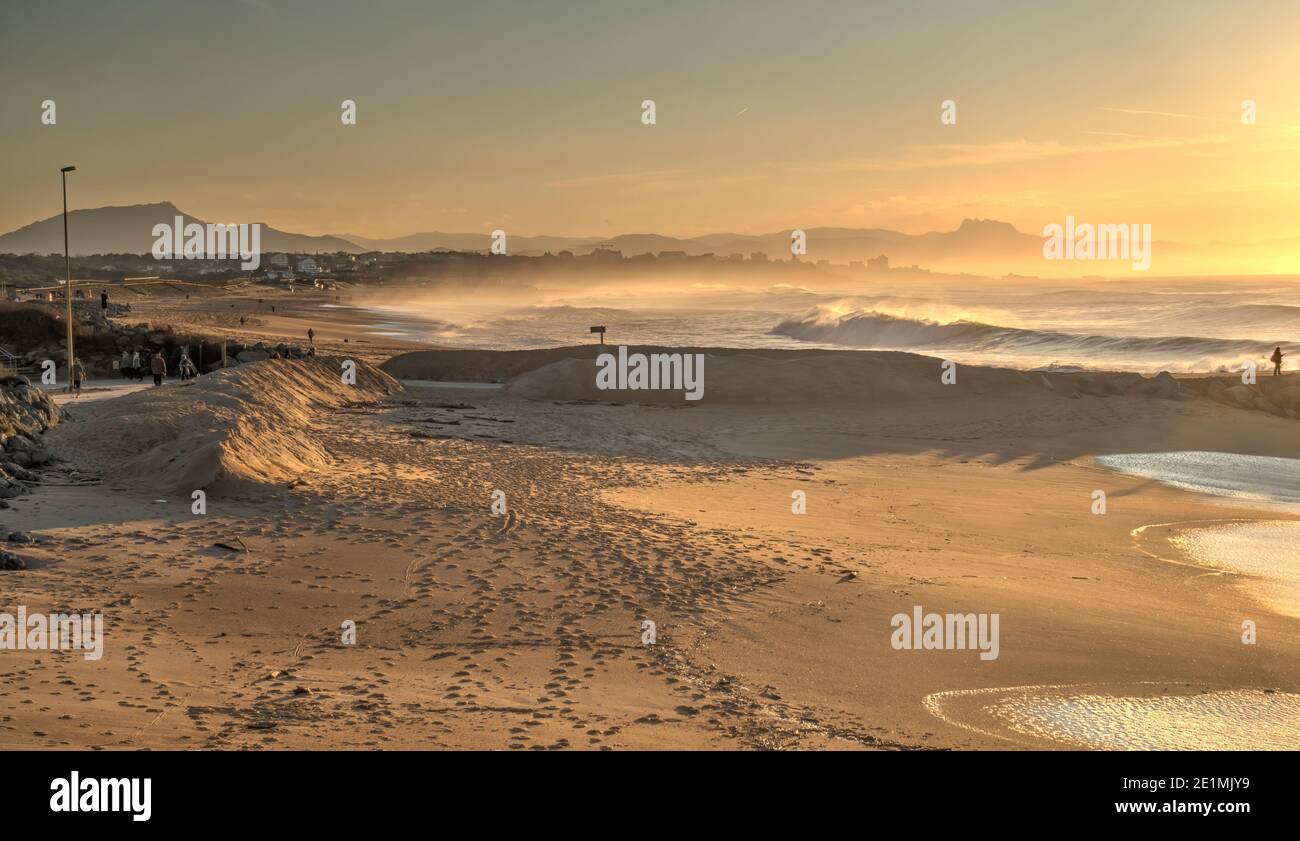 Sunset over Biarritz Beach, HDR Image Stock Photo