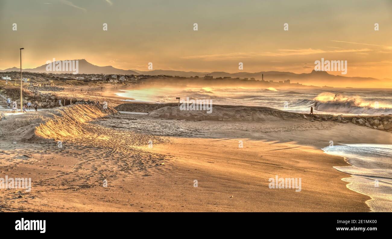 Sunset over Biarritz Beach, HDR Image Stock Photo