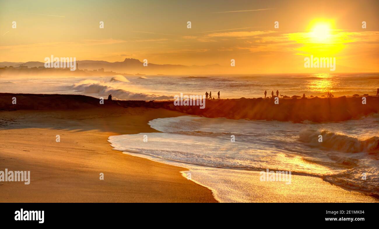 Sunset over Biarritz Beach, HDR Image Stock Photo