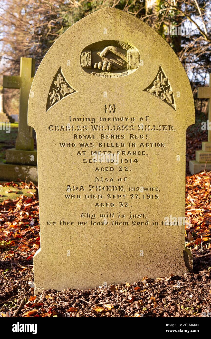Fist World War family memorial gravestone  graveyard  village parish church of All Saints, Yatesbury, Wiltshire, England, UK Stock Photo