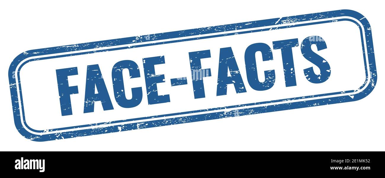 FACE-FACTS text on blue grungy vintage rectangle stamp. Stock Photo