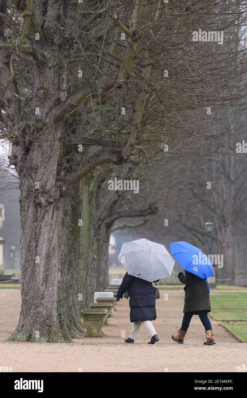 Dresden, Germany. 08th Jan, 2021. Passers-by walk through Pillnitz Palace Park with umbrellas. Credit: Sebastian Kahnert/dpa-Zentralbild/dpa/Alamy Live News Stock Photo