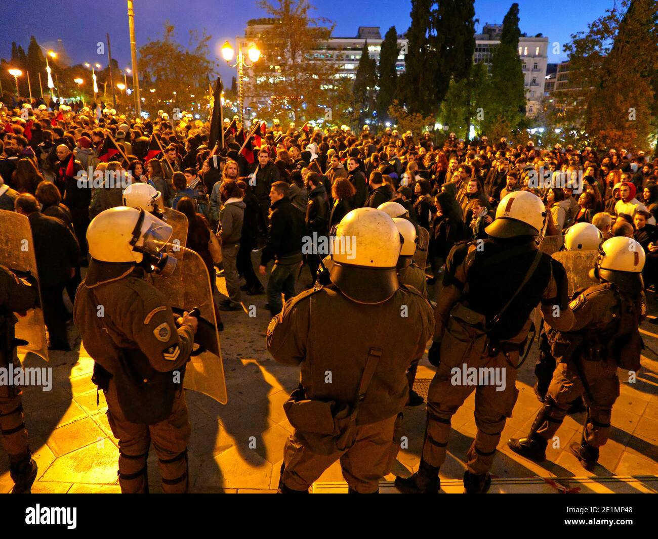 Greece Athens Athen Policemen guarding controlling demonstration protest Stock Photo