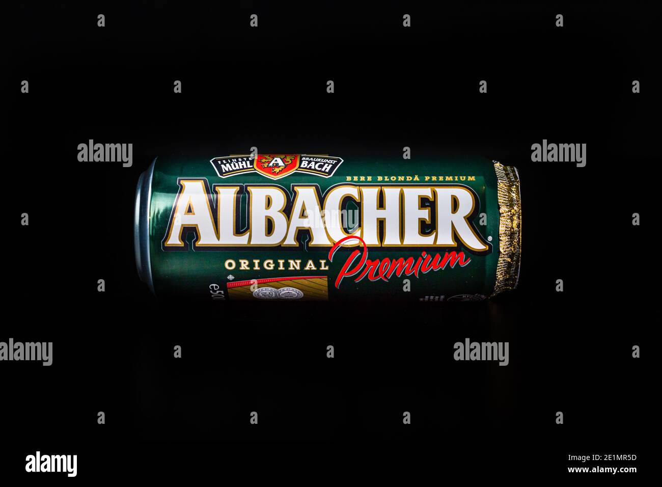 Albacher beer can isolated on black background. Bucharest, Romania ...