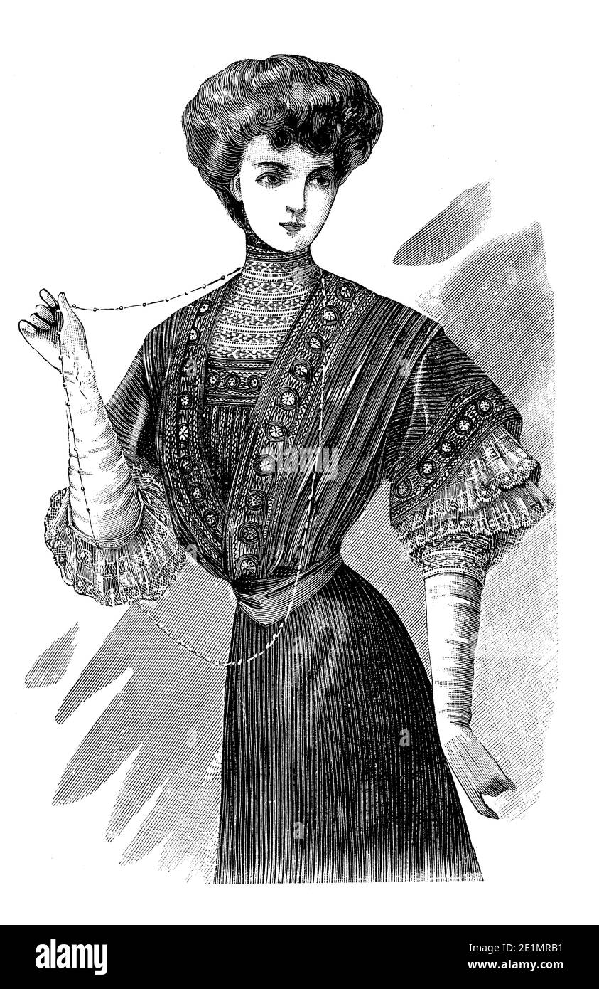 ladies Fashion 1907, long and elegant lines with corset to achieve a  narrow-waisted figure, full chest and curvy hips, completed with Gibson girl hairstyle Stock Photo