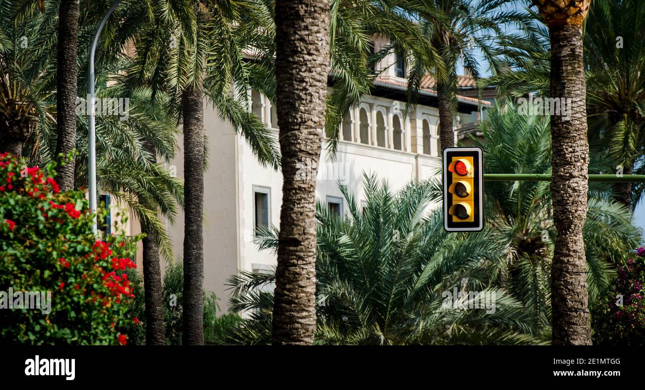 Traffic lights on red in Mallorca, Spain. Stock Photo