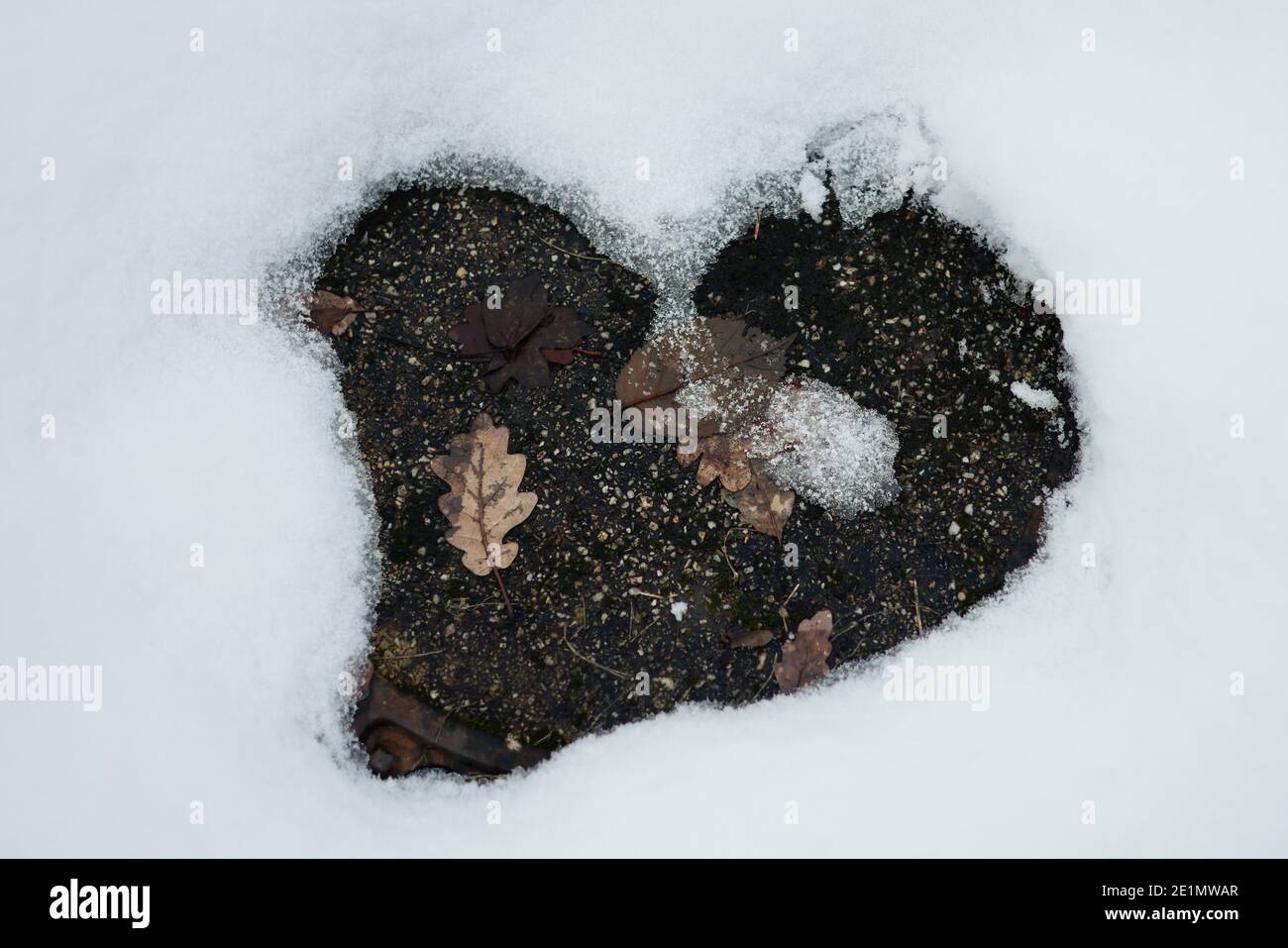 Eifel, PrŸm, 02.01.21: Feature Winterlandschaft in der Eifel, Schnee Schmilzt und nimmt dabei die Form eines Herzens an. Stock Photo