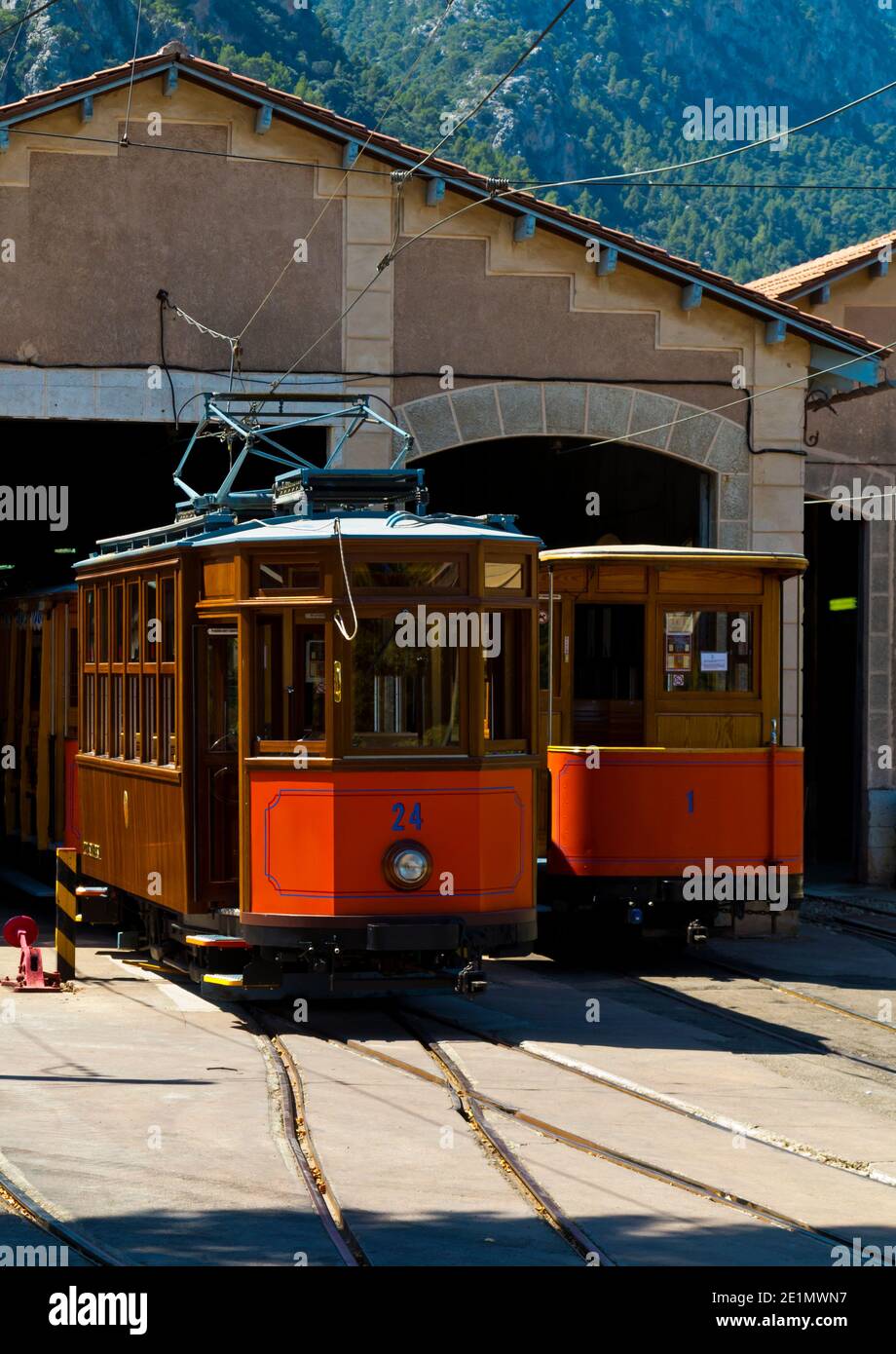 Tram sheds at Soller station on the Tranvia de Soller heritage tramway running between Port de Soller and Soller in Mallorca Spain which opened 1913 Stock Photo