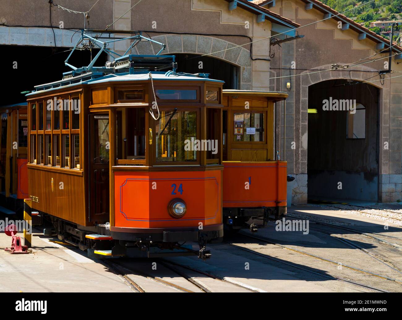 Tram sheds at Soller station on the Tranvia de Soller heritage tramway running between Port de Soller and Soller in Mallorca Spain which opened 1913 Stock Photo