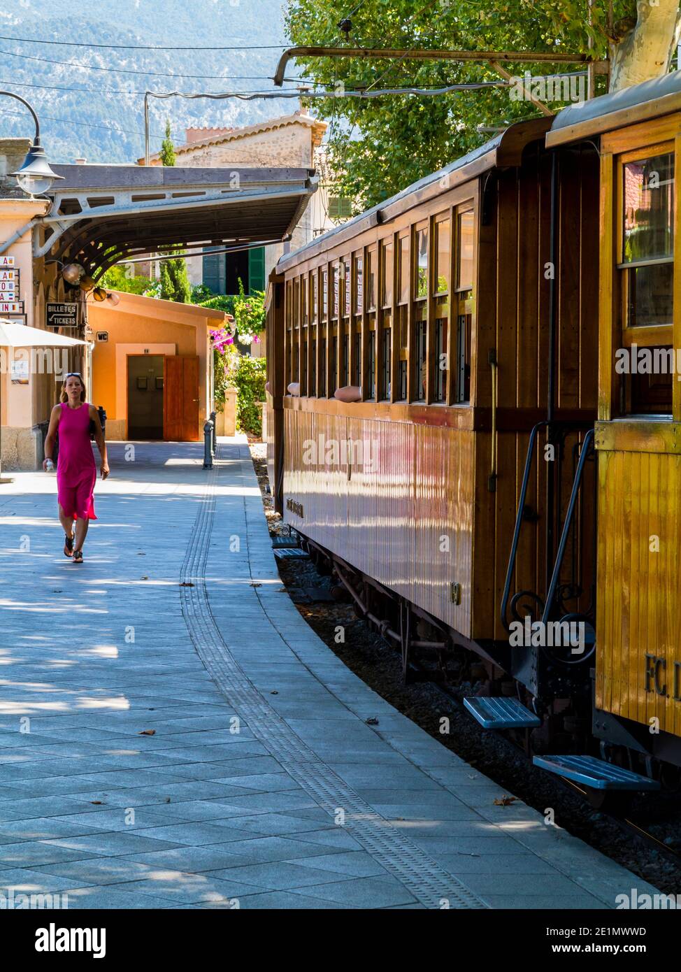 Railway train at Soller station on the Ferrocarril de Sóller which runs ...