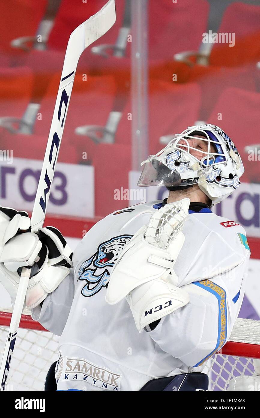 Yekaterinburg Russia 8th Jan 2021 Barys Nur Sultan S Goaltender Henrik Karlsson Celebrates Victory In A 2020 2021 Kontinental Hockey League Regular Season Ice Hockey Match Between Avtomobilist Yekaterinburg And Barys Nur Sultan At Uralets Arena