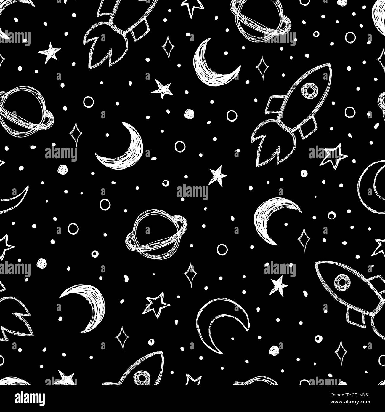 Doodle pattern with night sky Moon, Saturn, rocket and stars seamless ...
