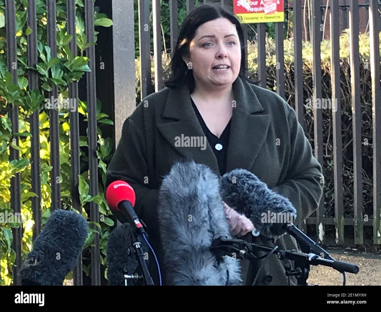 Communities Minister Deirdre Hargey, of Sinn Fein, speaks to media in the Markets area of Belfast following a meeting of the Stormont Executive. Stock Photo