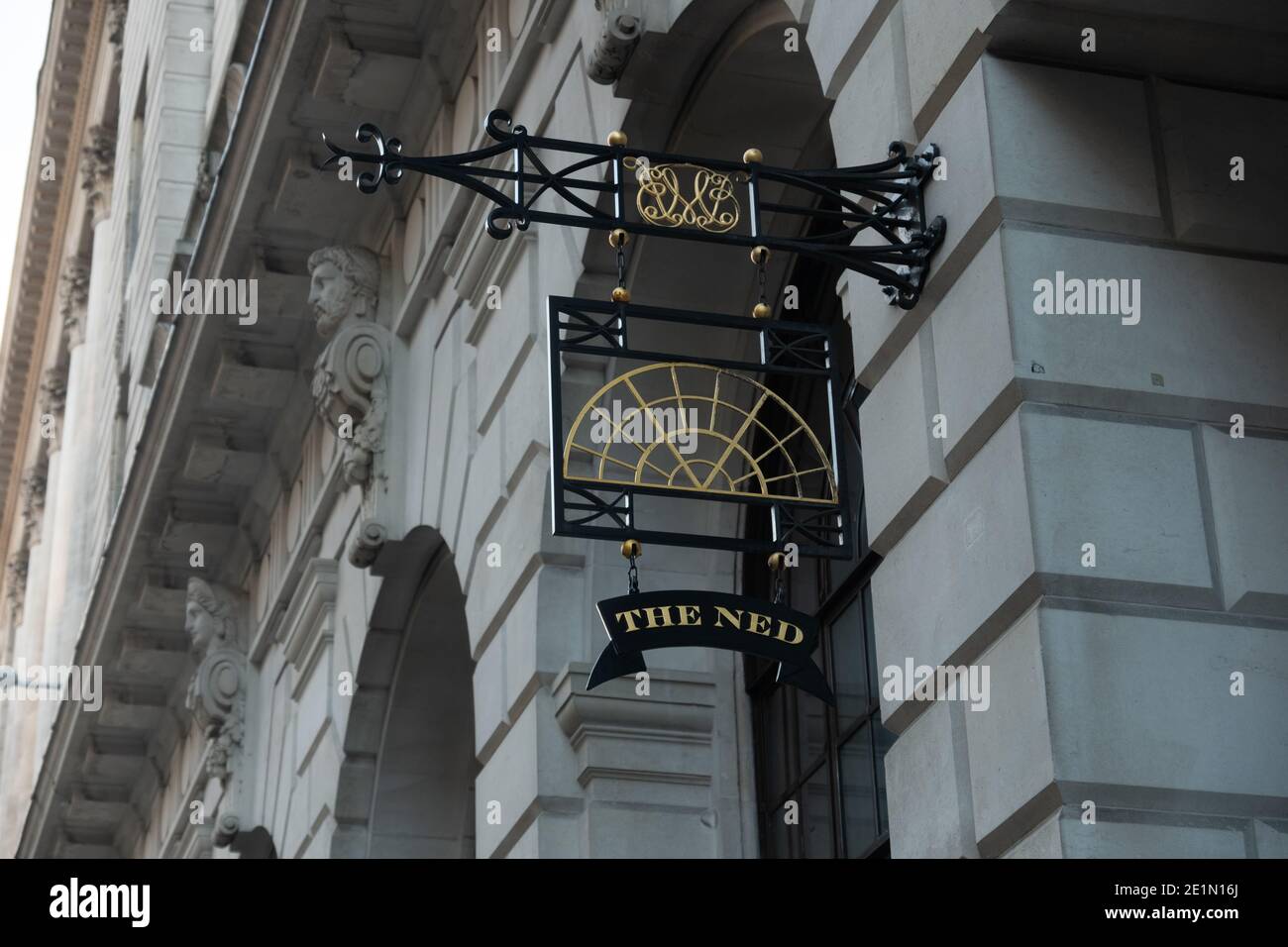LONDON-The Ned, signage of the 5 star hotel and private members club in the City of London Stock Photo