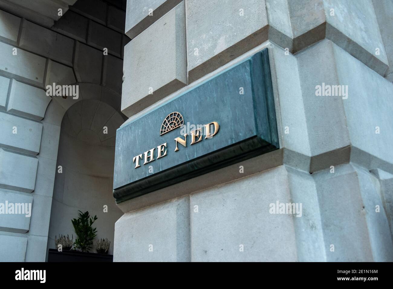 LONDON-The Ned, signage of the 5 star hotel and private members club in the City of London Stock Photo